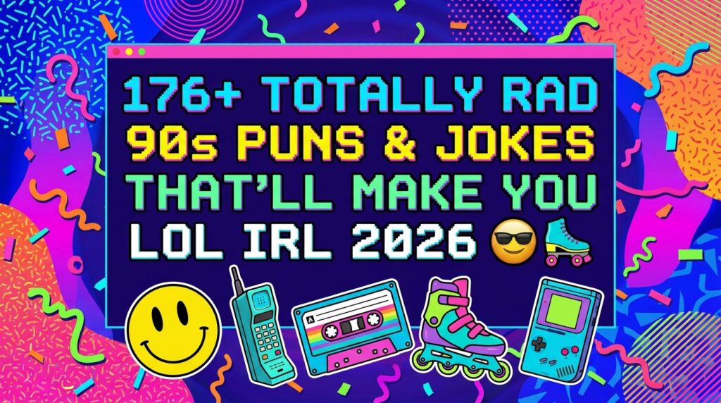 176+ Totally Rad 90s Puns and Jokes That'll Make You LOL IRL 2026 - colorful retro graphic with smiley face, cassette tape, roller skates, Game Boy, and mobile phone icons