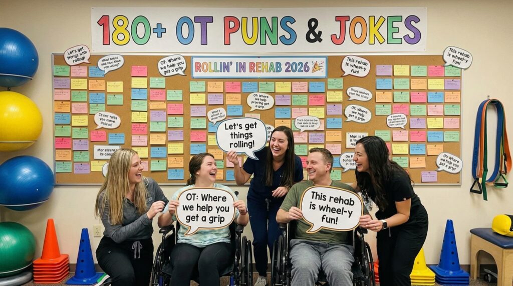 Occupational therapy team laughing with OT puns bulletin board rehab 2026