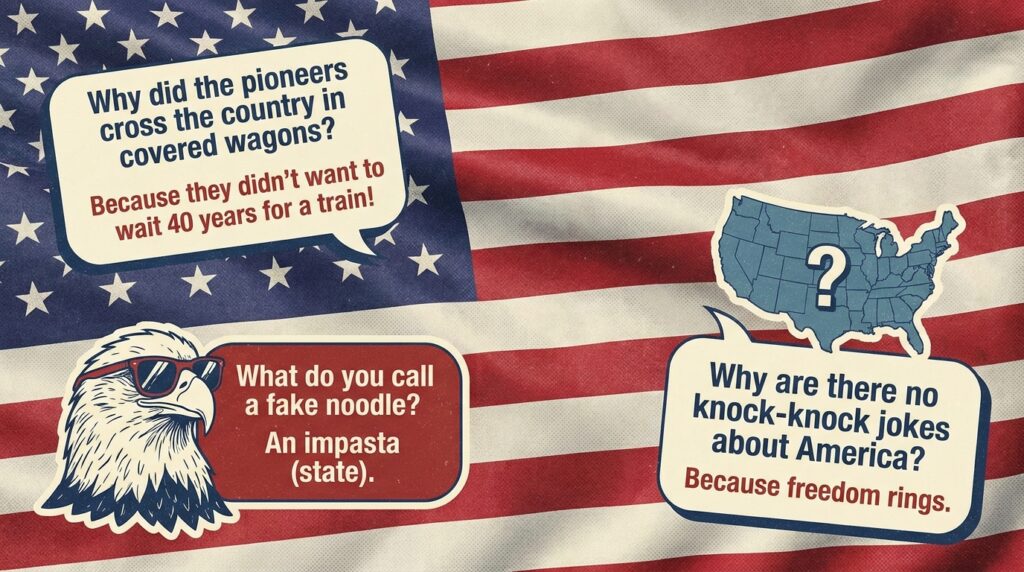 Funny USA puns and jokes with American flag background